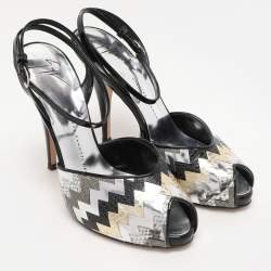 Giuseppe Zanotti Multicolor Zigzag Patent and Leather Mixed Media Ankle Strap Sandals Size 37