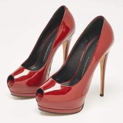 Pre Owned Giuseppe Zanotti Burgundy Patent Leather Sharon Peep Toe Pumps Size 37