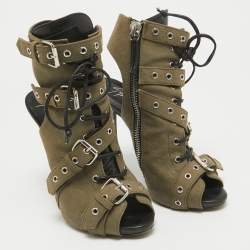 Pre Owned Giuseppe Zanotti Green Canvas Cutout Ankle Length Boots Size 37.5