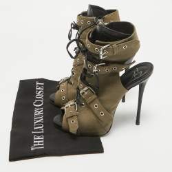 Pre Owned Giuseppe Zanotti Green Canvas Cutout Ankle Length Boots Size 37.5