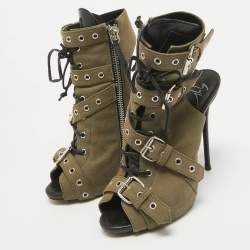 Pre Owned Giuseppe Zanotti Green Canvas Cutout Ankle Length Boots Size 37.5