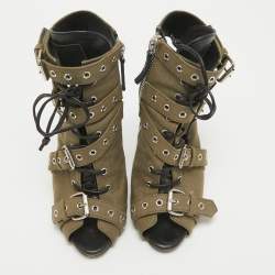 Pre Owned Giuseppe Zanotti Green Canvas Cutout Ankle Length Boots Size 37.5