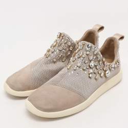 Giuseppe Zanotti Grey/Beige Crystal Embellished Suede And Mesh May London Slip On Sneakers Size 39