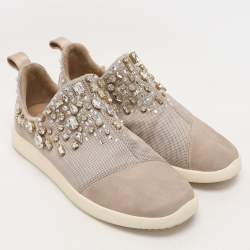 Giuseppe Zanotti Grey/Beige Crystal Embellished Suede And Mesh May London Slip On Sneakers Size 39