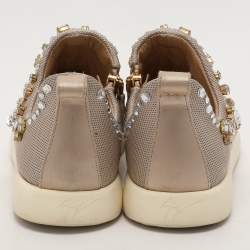 Giuseppe Zanotti Grey/Beige Crystal Embellished Suede And Mesh May London Slip On Sneakers Size 39