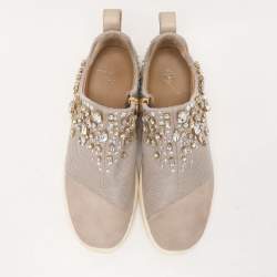 Giuseppe Zanotti Grey/Beige Crystal Embellished Suede And Mesh May London Slip On Sneakers Size 39