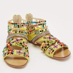 Giuseppe Zanotti Yellow Suede Crystal Embellished Gladiator Flat Sandals Size 36