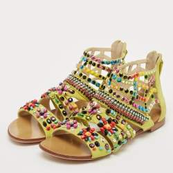 Giuseppe Zanotti Yellow Suede Crystal Embellished Gladiator Flat Sandals Size 36