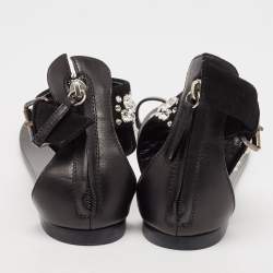 Pre Owned Giuseppe Zanotti Black Suede and Leather Crystal Embellished Ankle Wrap Flat Sandals Size 36
