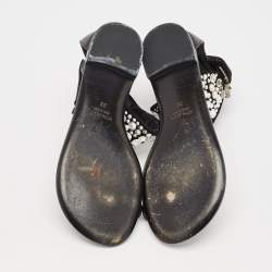 Pre Owned Giuseppe Zanotti Black Suede and Leather Crystal Embellished Ankle Wrap Flat Sandals Size 36