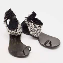 Pre Owned Giuseppe Zanotti Black Suede and Leather Crystal Embellished Ankle Wrap Flat Sandals Size 36