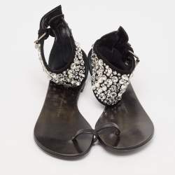 Pre Owned Giuseppe Zanotti Black Suede and Leather Crystal Embellished Ankle Wrap Flat Sandals Size 36