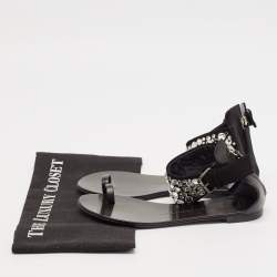 Pre Owned Giuseppe Zanotti Black Suede and Leather Crystal Embellished Ankle Wrap Flat Sandals Size 36