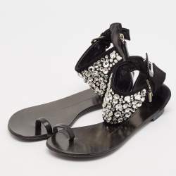 Pre Owned Giuseppe Zanotti Black Suede and Leather Crystal Embellished Ankle Wrap Flat Sandals Size 36