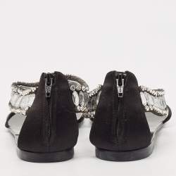 Giuseppe Zanotti Black Satin Crystal Embellished Ankle Strap Flat Sandals Size 36.5