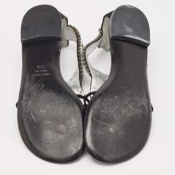 Giuseppe Zanotti Black Satin Crystal Embellished Ankle Strap Flat Sandals Size 36.5