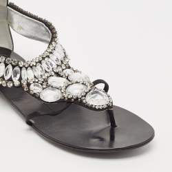 Giuseppe Zanotti Black Satin Crystal Embellished Ankle Strap Flat Sandals Size 36.5