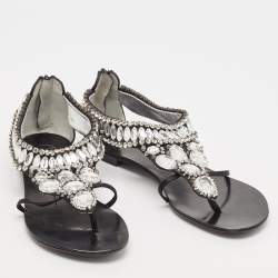 Giuseppe Zanotti Black Satin Crystal Embellished Ankle Strap Flat Sandals Size 36.5