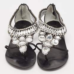 Giuseppe Zanotti Black Satin Crystal Embellished Ankle Strap Flat Sandals Size 36.5