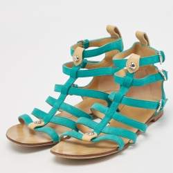 Pre Owned Giuseppe Zanotti Blue Suede Strappy Flat Slides Size 36