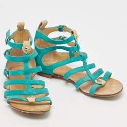 Pre Owned Giuseppe Zanotti Blue Suede Strappy Flat Slides Size 36