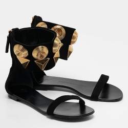 Giuseppe Zanotti Black Suede Crystal Embellished Ankle Strap Flat Sandals Size 36