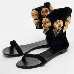 Giuseppe Zanotti Black Suede Crystal Embellished Ankle Strap Flat Sandals Size 36