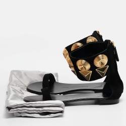 Giuseppe Zanotti Black Suede Crystal Embellished Ankle Strap Flat Sandals Size 36