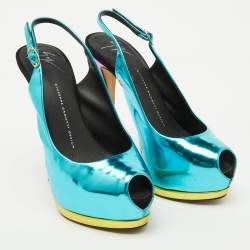 Pre Owned Giuseppe Zanotti Blue Leather Slingback Peep Toe Platform Pumps Size 39