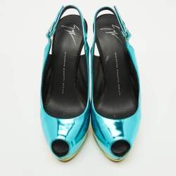 Pre Owned Giuseppe Zanotti Blue Leather Slingback Peep Toe Platform Pumps Size 39