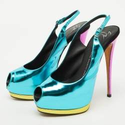 Pre Owned Giuseppe Zanotti Blue Leather Slingback Peep Toe Platform Pumps Size 39