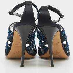 Giuseppe Zanotti Black Satin Crystal Embellished Ankle Strap Sandals Size 37.5