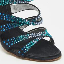 Giuseppe Zanotti Black Satin Crystal Embellished Ankle Strap Sandals Size 37.5