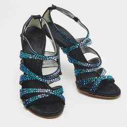 Giuseppe Zanotti Black Satin Crystal Embellished Ankle Strap Sandals Size 37.5