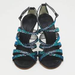 Giuseppe Zanotti Black Satin Crystal Embellished Ankle Strap Sandals Size 37.5