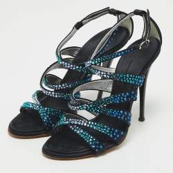 Giuseppe Zanotti Black Satin Crystal Embellished Ankle Strap Sandals Size 37.5