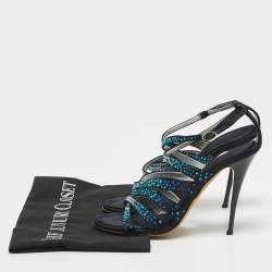 Giuseppe Zanotti Black Satin Crystal Embellished Ankle Strap Sandals Size 37.5