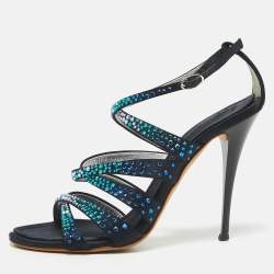 Giuseppe Zanotti Black Satin Crystal Embellished Ankle Strap Sandals Size 37.5