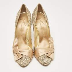 Pre Owned Giuseppe Zanotti Gold Glitter and Satin Uma Pumps Size 40