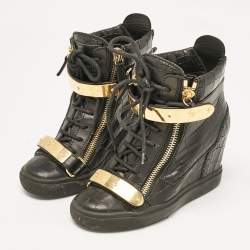 Giuseppe Zanotti Black Croc Embossed Leather Lorenze Wedge Sneakers Size 37