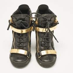 Giuseppe Zanotti Black Croc Embossed Leather Lorenze Wedge Sneakers Size 37