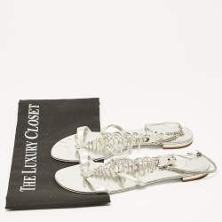 مملوكة مسبقًا Giuseppe Zanotti Silver Leather Fishbone Embellished Ankle Strap Sandals Size 36
