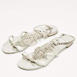 مملوكة مسبقًا Giuseppe Zanotti Silver Leather Fishbone Embellished Ankle Strap Sandals Size 36
