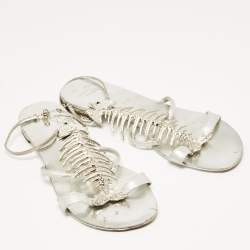 مملوكة مسبقًا Giuseppe Zanotti Silver Leather Fishbone Embellished Ankle Strap Sandals Size 36