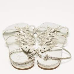 مملوكة مسبقًا Giuseppe Zanotti Silver Leather Fishbone Embellished Ankle Strap Sandals Size 36