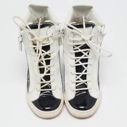 Giuseppe Zanotti Black/White Leather and Patent Leather Lorenz Wedge Sneakers Size 36