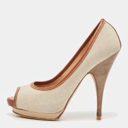 Giuseppe Zanotti Beige/Brown Canvas Peep Toe Platform Pumps Size 37