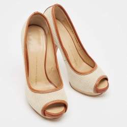 Giuseppe Zanotti Beige/Brown Canvas Peep Toe Platform Pumps Size 37