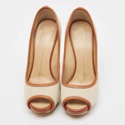 Giuseppe Zanotti Beige/Brown Canvas Peep Toe Platform Pumps Size 37