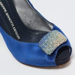 Giuseppe Zanotti Blue Satin Crystal Embellished Peep Toe Platform Pumps Size 37